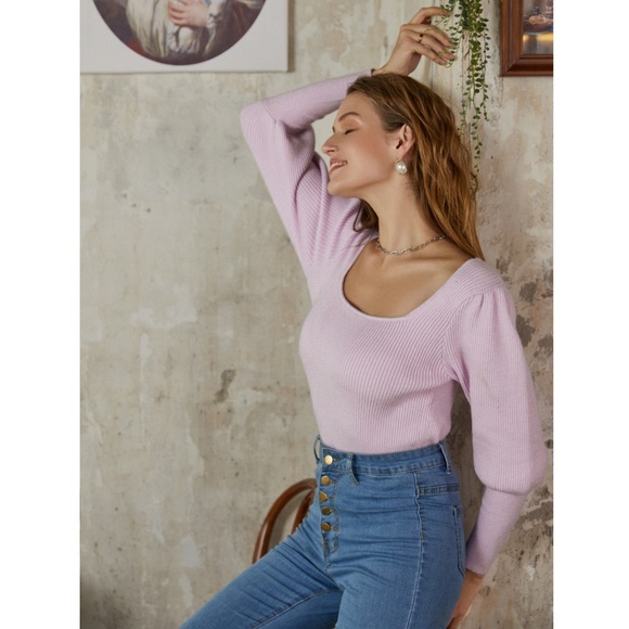 Lilac Puff Sleeve Square Neck Knit Top - Picture 4 of 12
